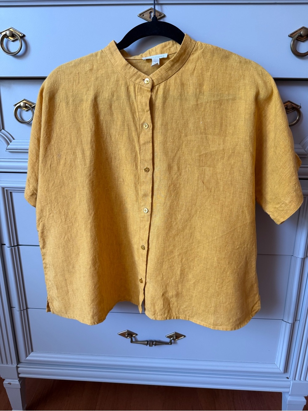 Eileen Fisher Mandarin Collar Short-Sleeve Button-Front Shirt